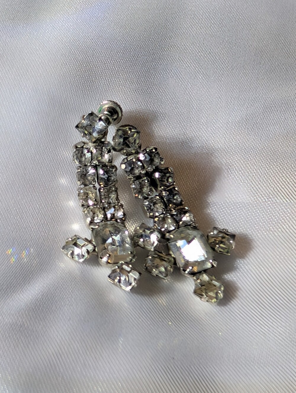 Vintage Silver Tone Tiered Clear Rhinestone Cascade Screw Back Clip On Earrings